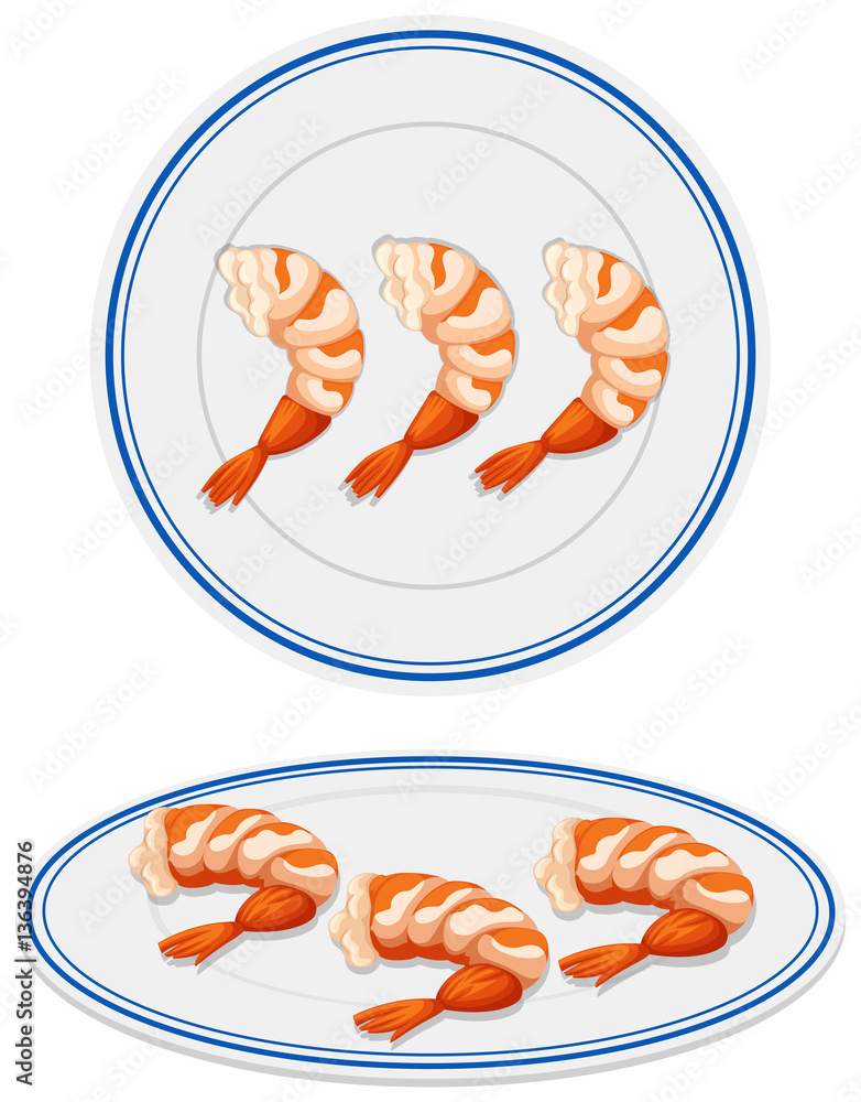 Cooked shrimps on plates