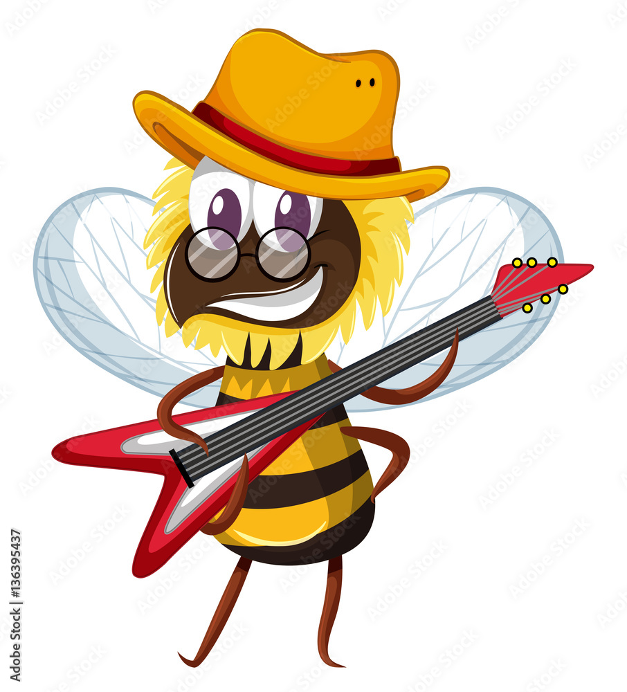 Cute bee playing electronic guitar