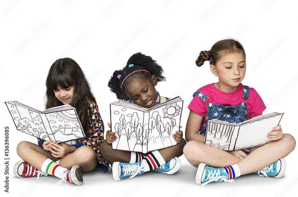 Children Girlfriends Reading Book Education Togetherness Studio