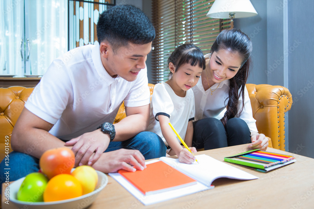 Father and Mather teach and relax with they Daughter