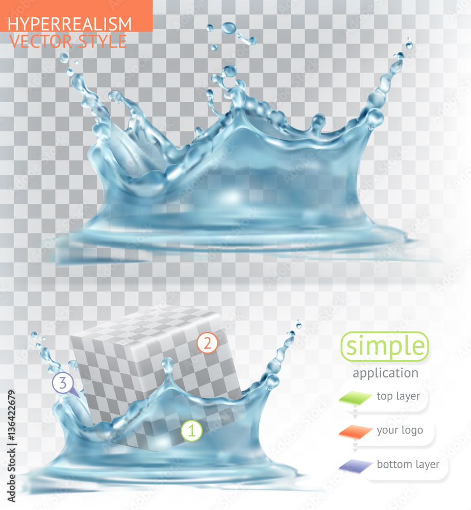 Water splash with transparency. Hyperrealism vector style simple application