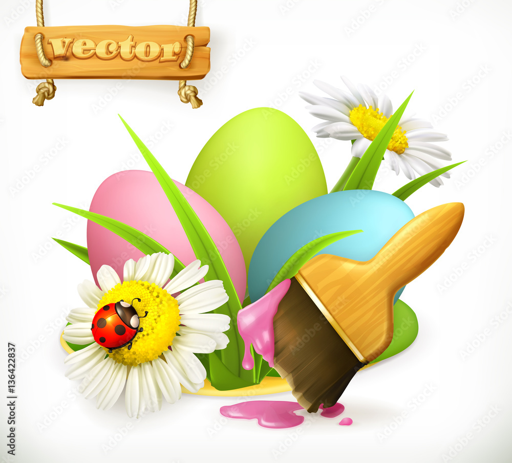 Easter eggs and brush with paint. 3d vector icon