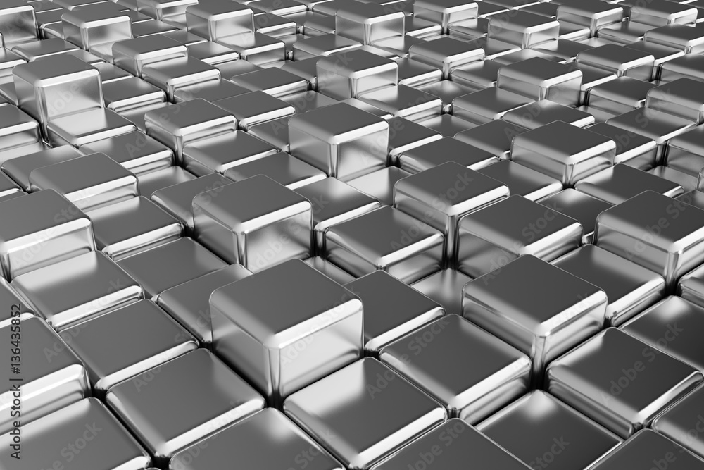 Silver squares extruded abstract background , 3d