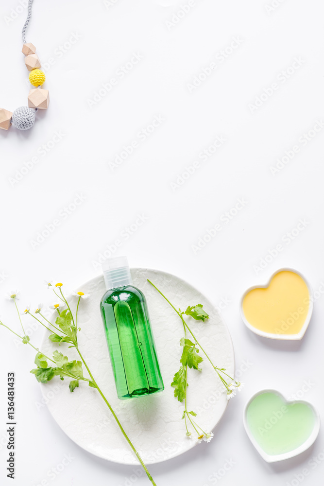 natural organic cosmetics for baby on white background top view