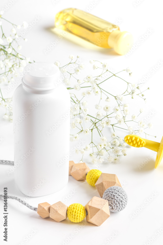 natural organic cosmetics with herbs for baby on white background