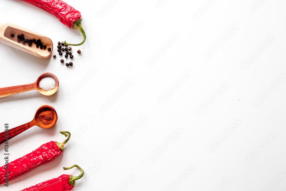 spices in wooden spoon on white background top view