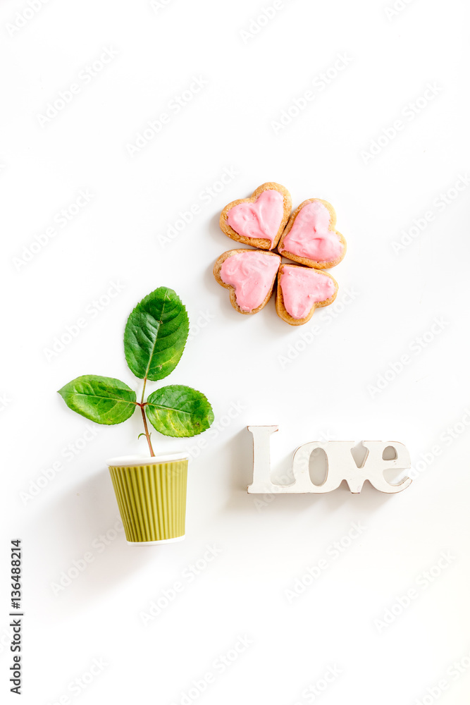 cookies for Valentine Day heartshaped white background top view pattern