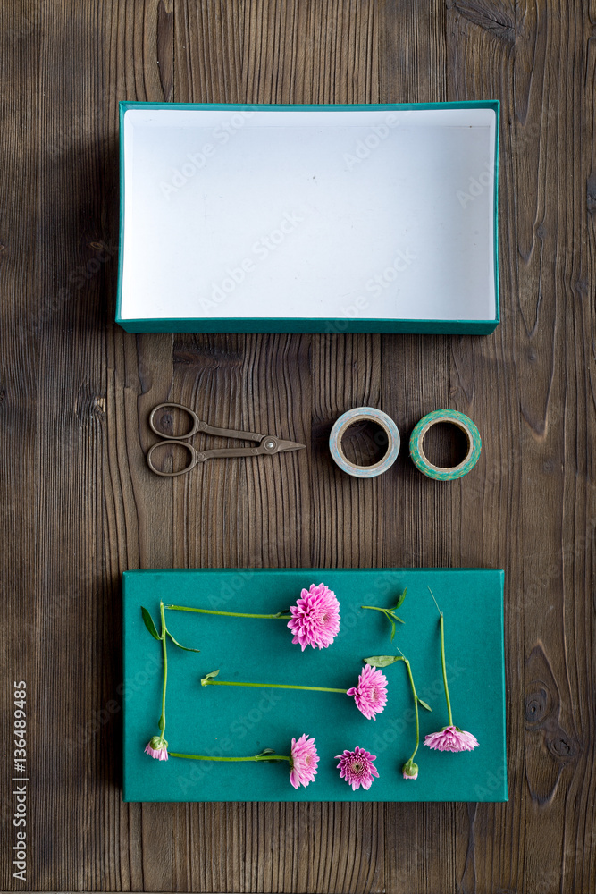 wrapping gifts in box for holiday top view mock up