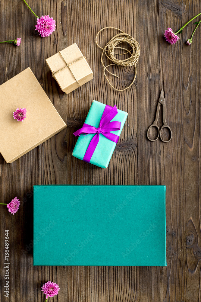 wrapping gifts in box for holiday top view mock up