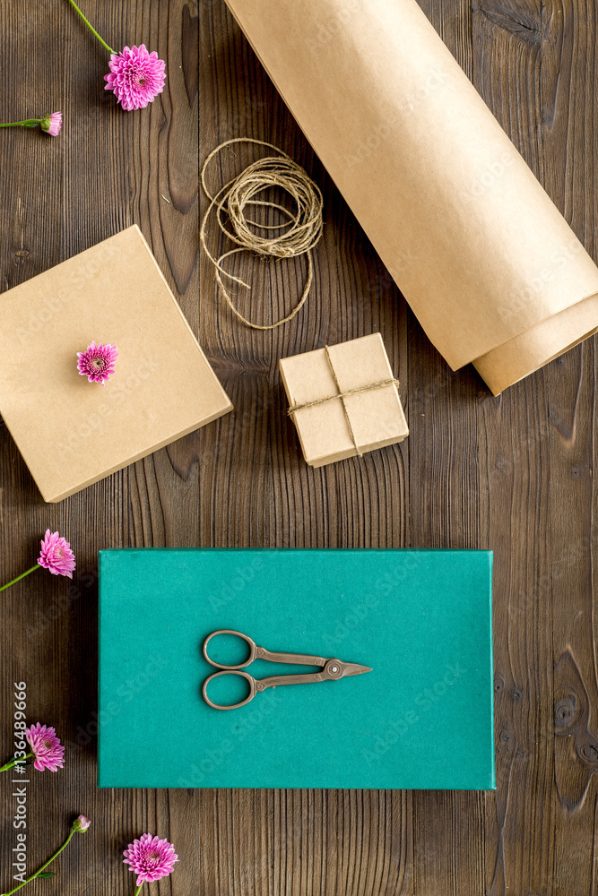 wrapping gifts in box for holiday top view mock up