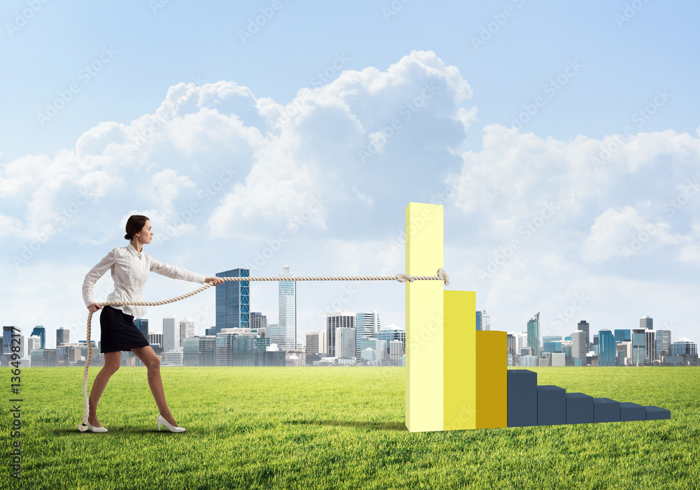 Businesswoman pulling arrow with rope and making it raise up