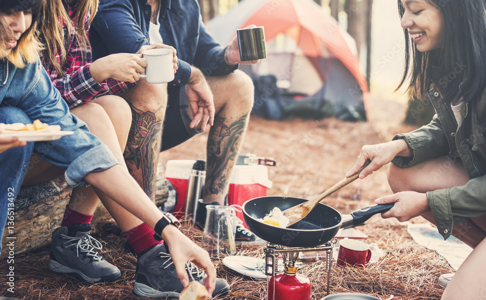 Friends Camping Eating Food Concept