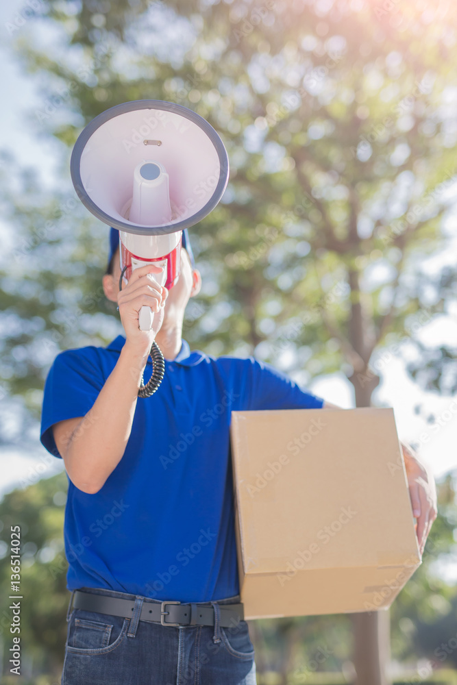 deliveryman take megaphone