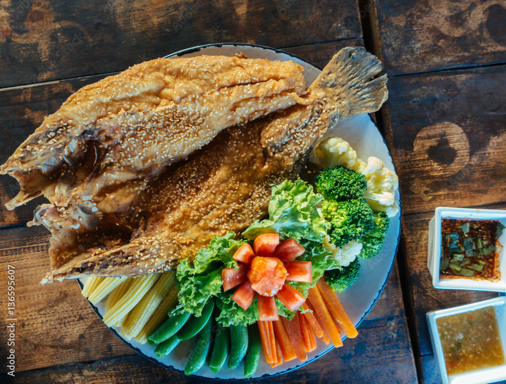 Thailand food fried snapper fish sprinkle sesame