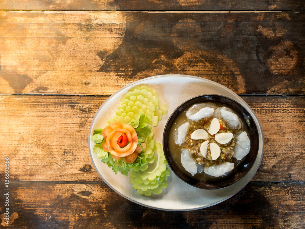 raw shrimp and spicy sauce, seafood thailand (spicy salad shrimp in fish sauce).