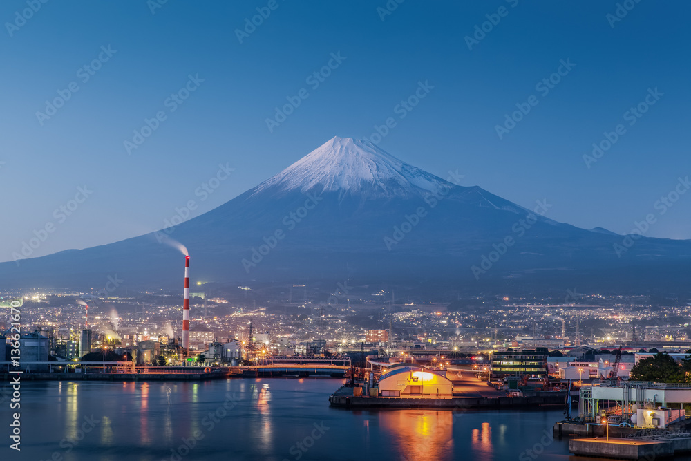 Mountain Fuji and Japan industry  zone in evening from Shizuoka prefecture..