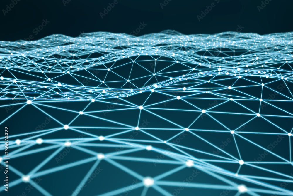 Floating white and blue glowing dot network 3D rendering