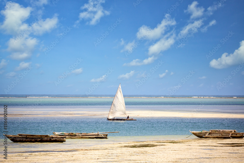 Coastline at low tide with traditional dhow boats in Zanzibar