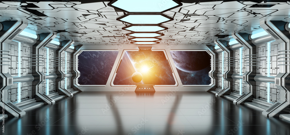 Spaceship interior with view on distant planets system 3D render