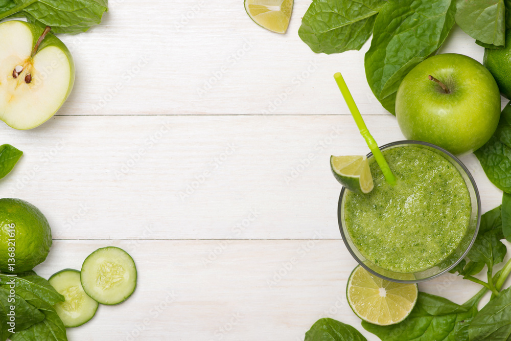 Detox concept. Glass jar of fresh drink green smoothie, spinach