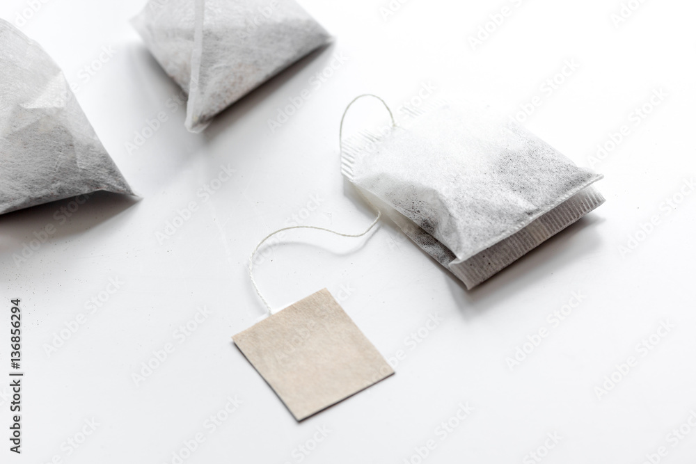 Close up lable of teabag on white background mock-up