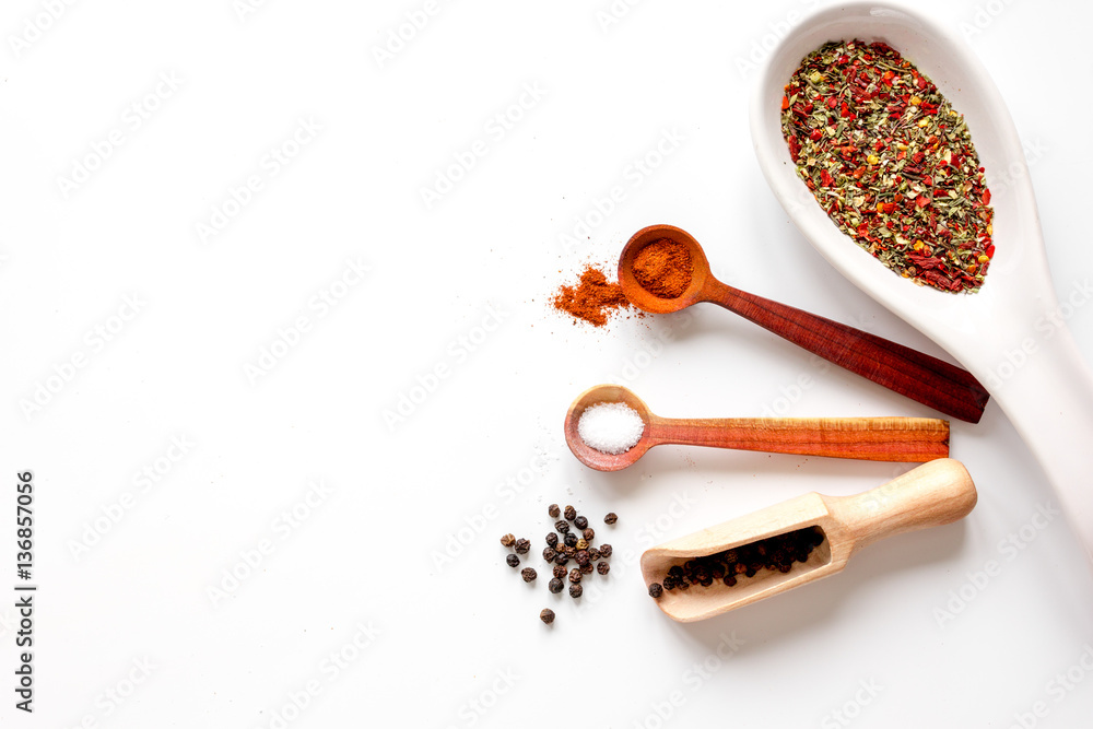 spices in wooden spoon on white background top view