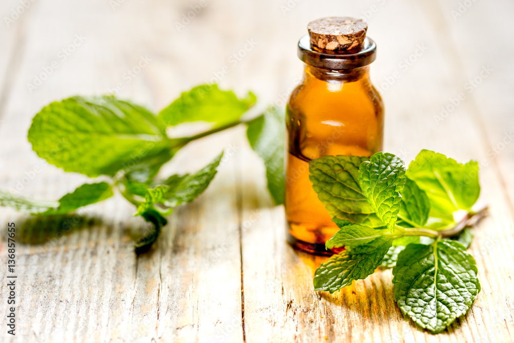 organic cosmetics with herbal extracts of mint on wooden background