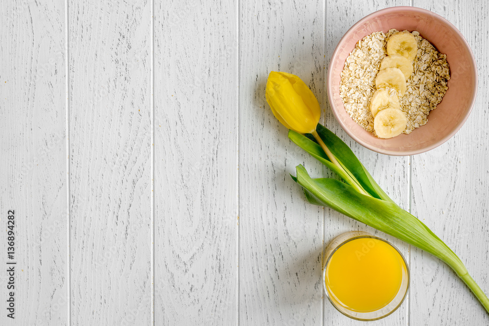 healthy breakfast with porridge on wooden background top view mockup