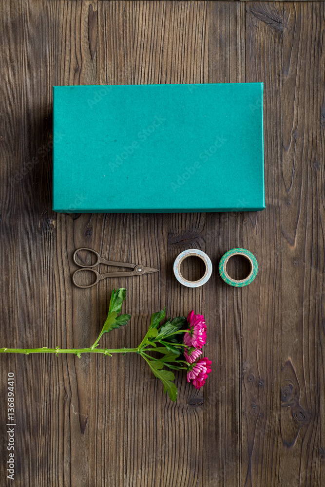 wrapping gifts in box for holiday top view mock up