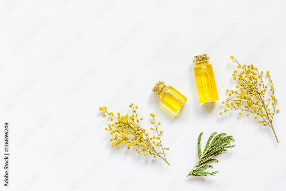 Natural set with organic oil on white background top view mockup