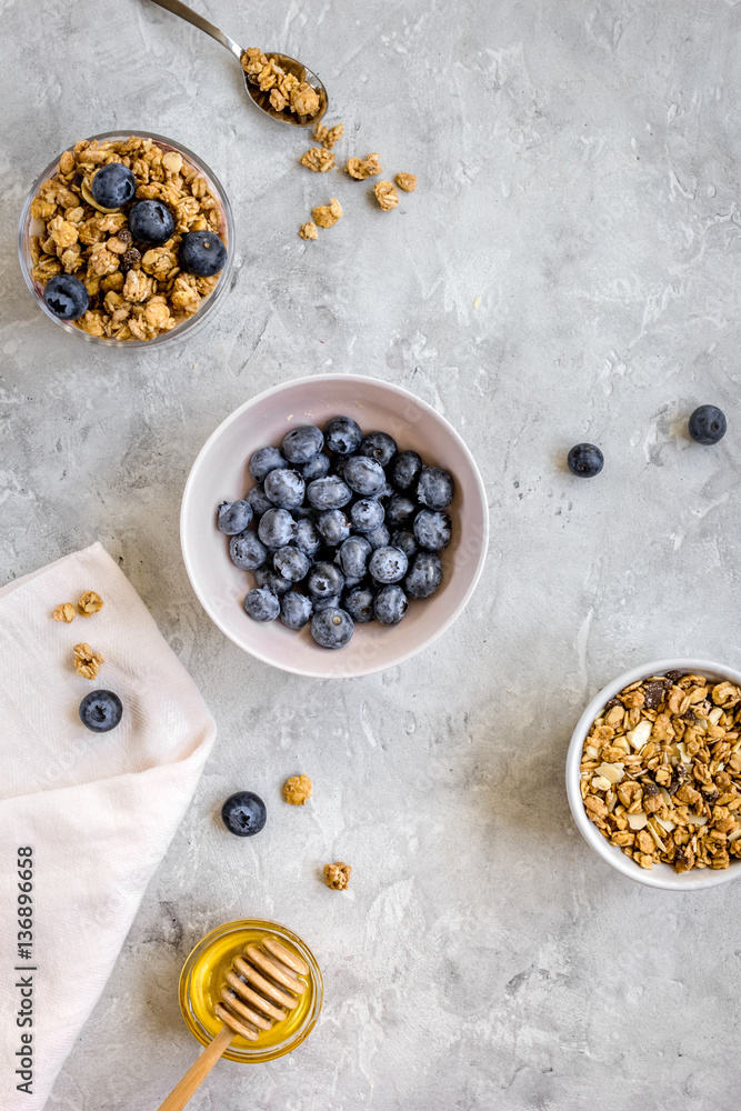 Healthy morning with yogurt, muesli and berries table ground top view