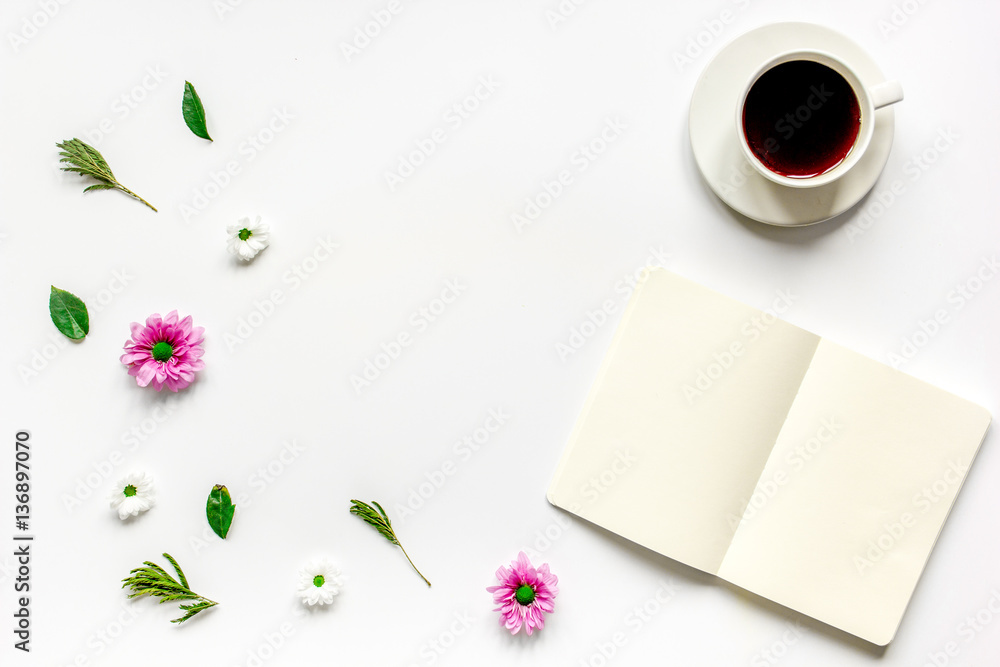 Notebook with cup of coffee on white background top view mockup