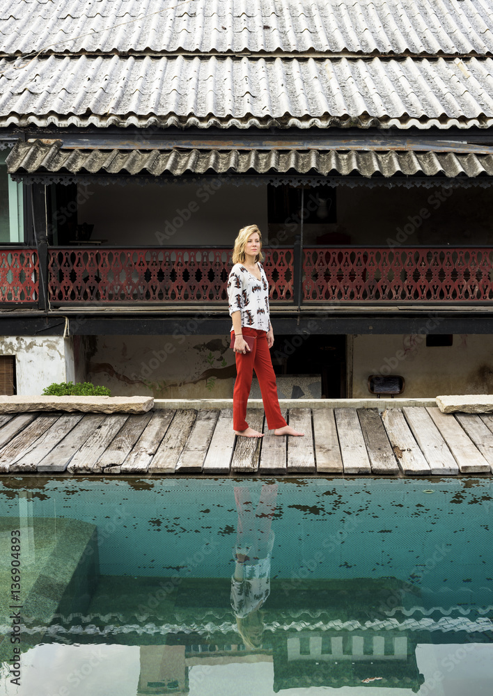 Young Woman Traveler Walking Concept