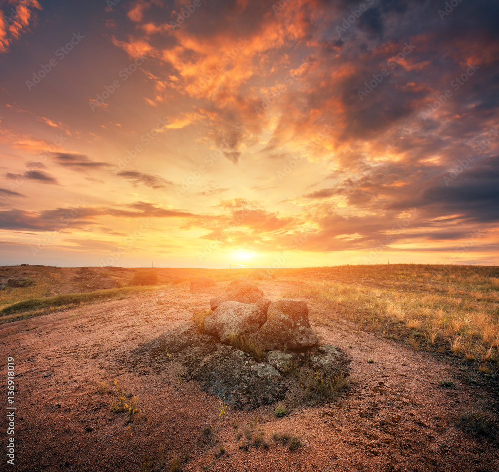 Summer landscape at sunset. Big stones, green and yellow grass against cloudy sky with sunlight. Tra