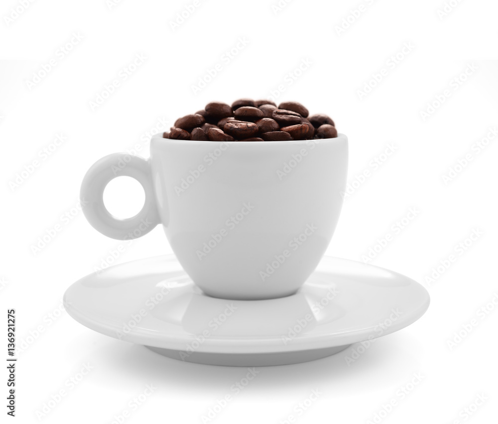 Coffee beans in coffee cup isolated on white background