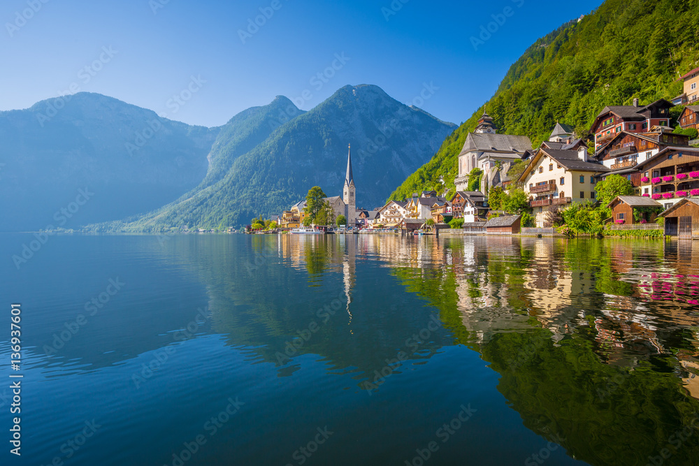 Postcard view of Hallstatt in summer, Salzkammergut, Austria