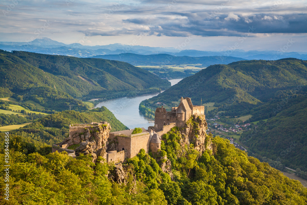 Wachau Valley with Aggstein castle ruin at sunset, Austria