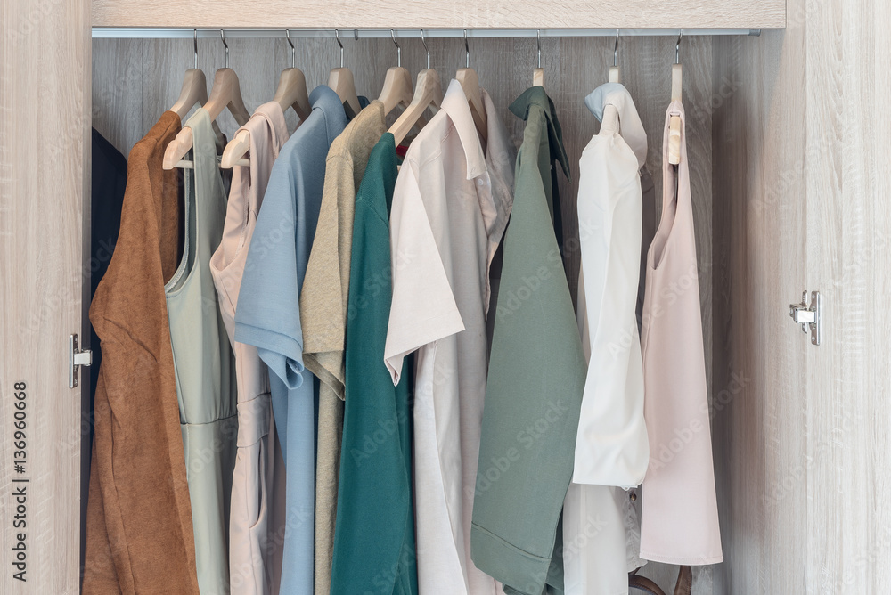 clothes hanging on rail in wooden wardorbe