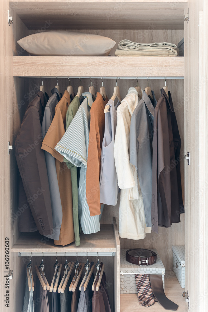 clothes hanging on rail in wooden wardorbe