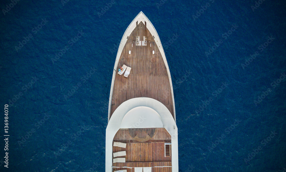 Aerial view of big yacht in sea