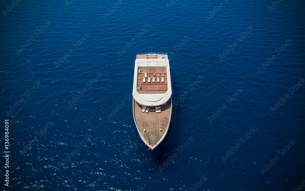 Aerial view of big yacht in sea