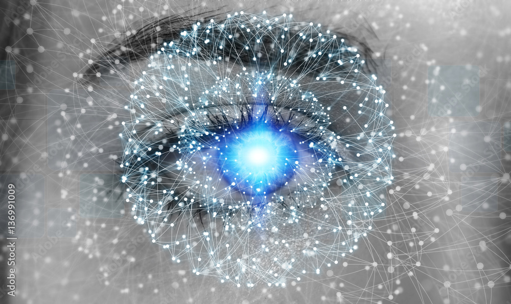 Close-up of woman digital eye network concept 3D rendering