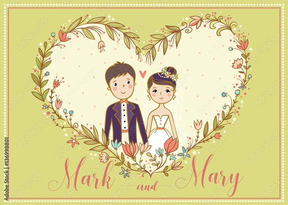 Wedding invitation. Vector card with a lovely young couple. Vector card with a lovely young couple. 