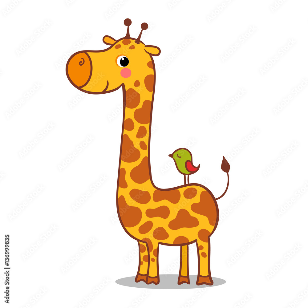 Cute giraffe calf standing. Vector illustration of animals in a childrens style on a white backgrou