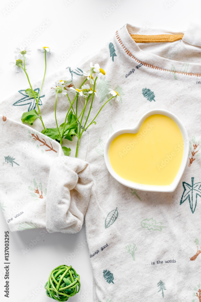 natural organic cosmetics for baby on white background top view