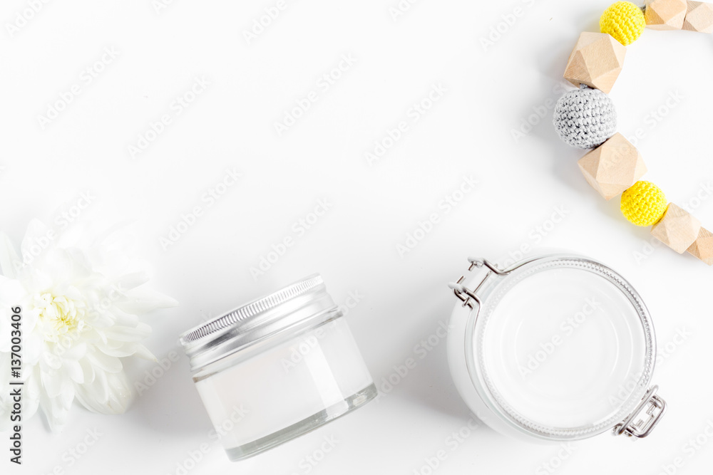 natural organic cosmetics for baby on white background top view