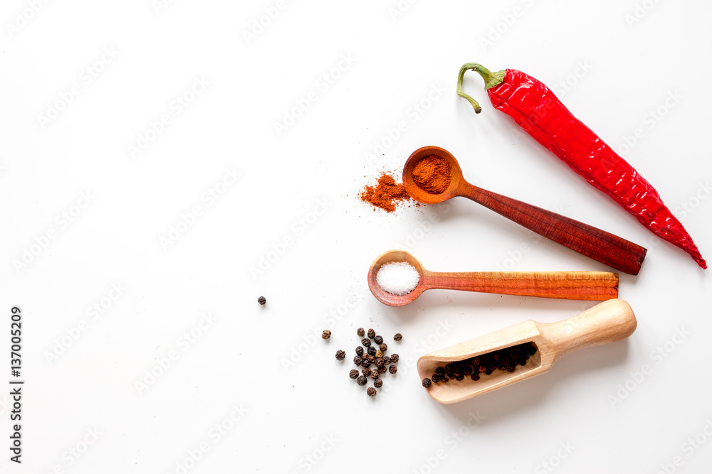 spices in wooden spoon on white background top view