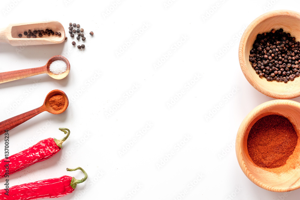 spices in wooden spoon on white background top view