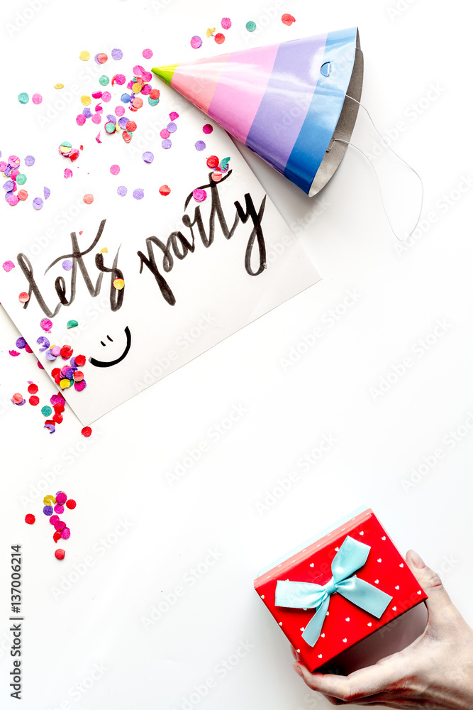 concept birthday party top view on white background mock up