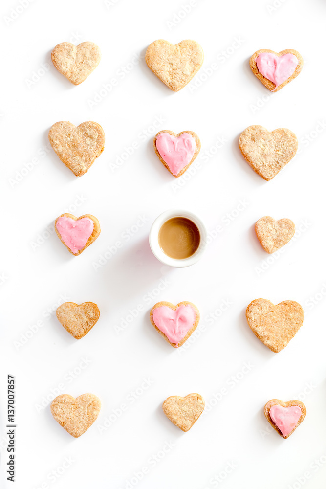 cookies for Valentine Day heartshaped white background top view pattern